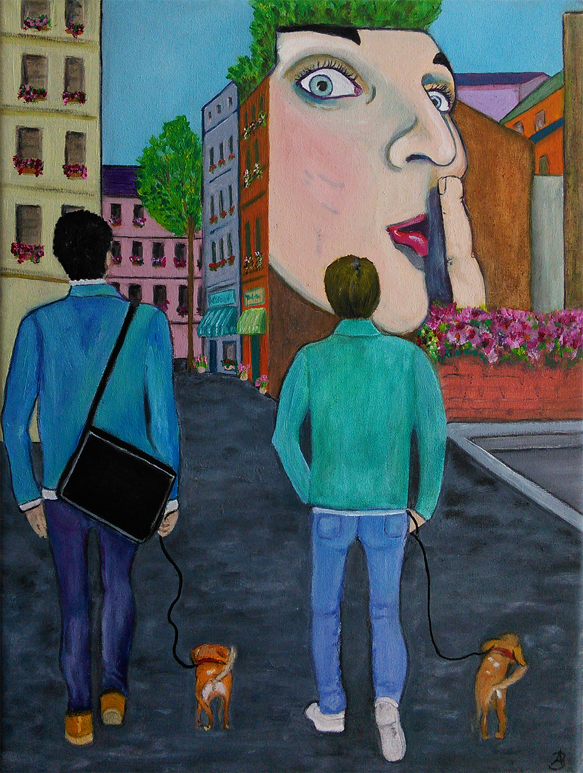 Paris Two Men Two Dogs - oil on 10 x 8 x 3/4 inch canvas by Audrey Breed, unframed.
