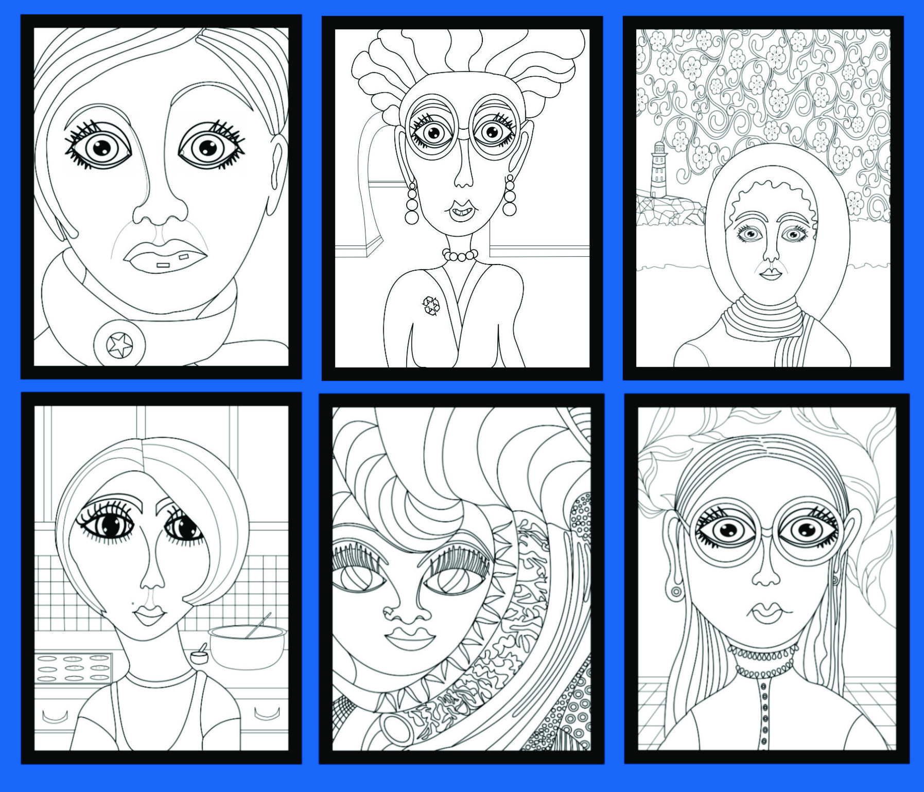 Faces Coloring Book by Audrey Breed sample pages.